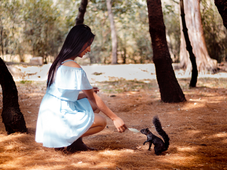 Alimentar a una ardilla en medio del bosque es algo que cualquier persona disfruta. Una chica alimentando una ardilla en medio de los viveros de Coyoacan en la Ciudad de Mexico.の写真素材