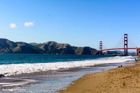 Golden Gate Bridge and Marin Headlands as seen from Baker Beach in San Franciscoの写真素材