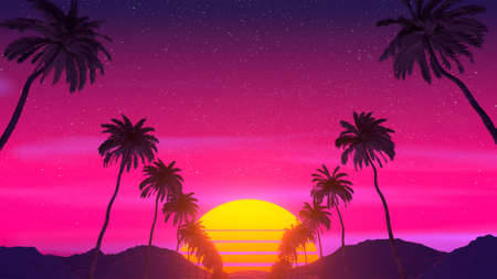 Retrowave Tropical Landscape. Palms, Mountains and Sun.