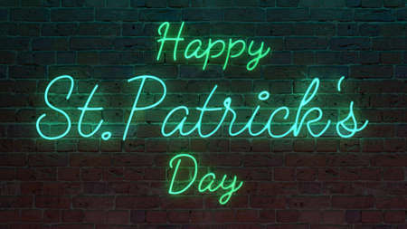 Green and blue neon light sign that reads: Happy St Patricks Dayの写真素材