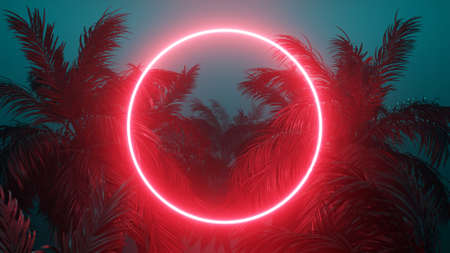 Retrowave Tropical Scene Palms and Glowing Frame 3d renderの写真素材