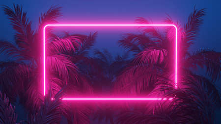 Retrowave Tropical Scene Palms and Glowing Frame 3d renderの写真素材