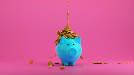Teal Piggy Bank on pink background and golden coins 3d renderの写真素材