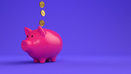 Piggy Bank overflowing with golden coins 3d renderの写真素材