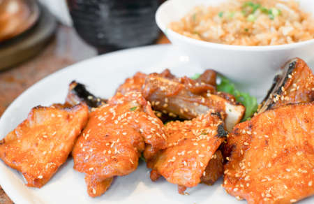 fried barbecue pork with garlic riceの写真素材