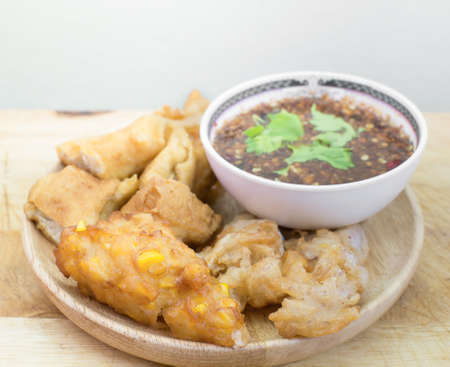 Crispy fried corn ball and fried taro,Vegetarian food, selection focus pointの写真素材