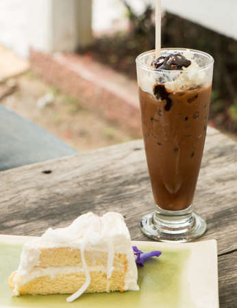 ice chocolate drink and coconut cake