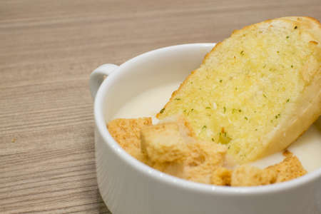 Corn Soup and garlic breadの写真素材