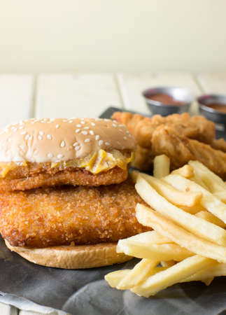 double fish burger and french friedの写真素材