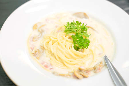 spaghetti ham and mushroom,selective focus pointの写真素材