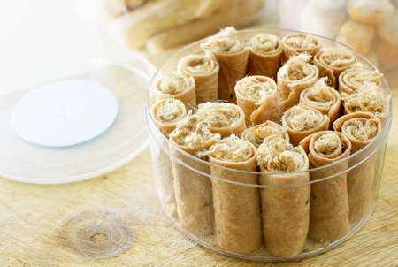 Tong Muan,rolled wafer, a traditional dessert in Thailandの写真素材