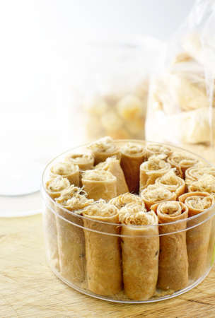 Tong Muan,rolled wafer, a traditional dessert in Thailandの写真素材