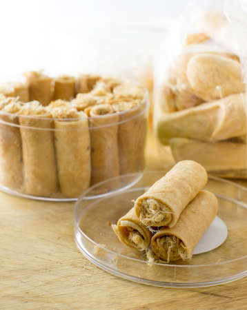 Tong Muan,rolled wafer, a traditional dessert in Thailandの写真素材