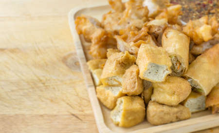 Fried noodle roll, fried Tofu and crispy fried corn ball ,Vegetarian foodの写真素材