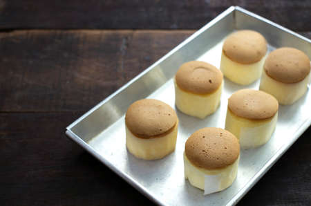 closeup wool cake on stainless plateの写真素材