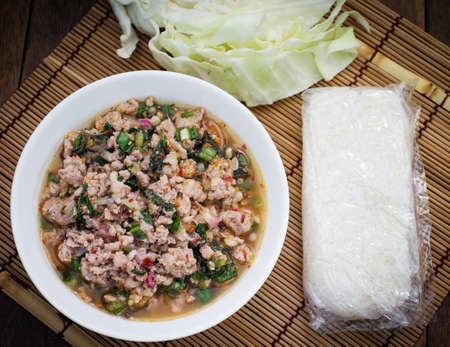 mince pork salad and sticky riceの写真素材
