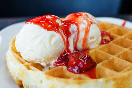 strawberry waffle with vanilla ice cream,selective focusの写真素材