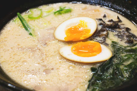 selective focus on egg onsen in japanese ramenの写真素材