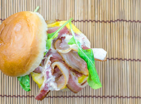 pork hamburger on wood plateの写真素材