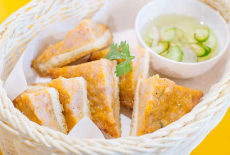 Fried bread with minced pork spreadの写真素材