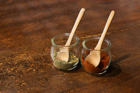 herbs on wood tableの写真素材