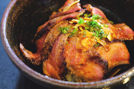 roasted wagyu beef on japanese riceの写真素材