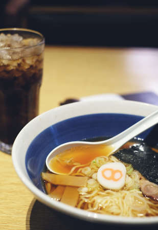 ramen noodle with grill pork and iced waterの写真素材