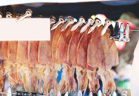 white sign hang on the dry squid rowの写真素材