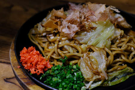 closeup yakisoba noodle with pork and vegetableの写真素材