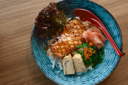Salmon teriyaki rice in japan bowl