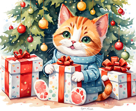 A cute cat with many gifts on Christmas day, Winter theme with snow and Christmas treeの素材