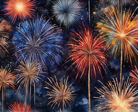 View of fireworks for celebrate on new year, watercolor styleの素材