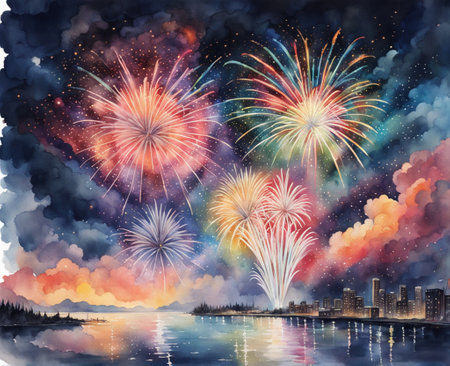 View of fireworks for celebrate on new year, watercolor styleの素材