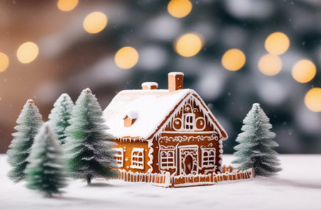 Christmas and New Year background with gingerbread house, fir trees and bokeh lightsの素材