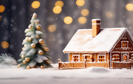 Christmas gingerbread house with christmas tree on snow and bokeh backgroundの素材