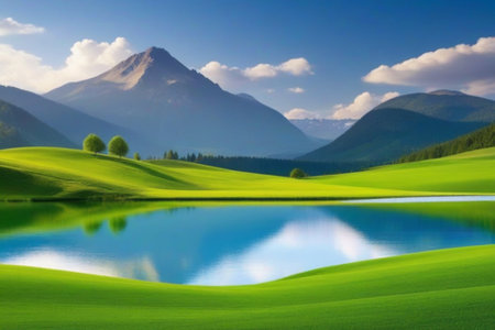 Landscape view of green meadows, mountains and a riverの素材