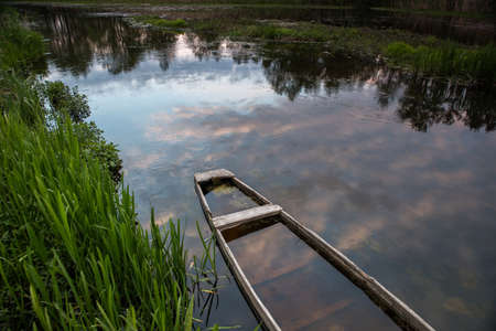 A fishing wooden boat by the river among green trees and bushes.