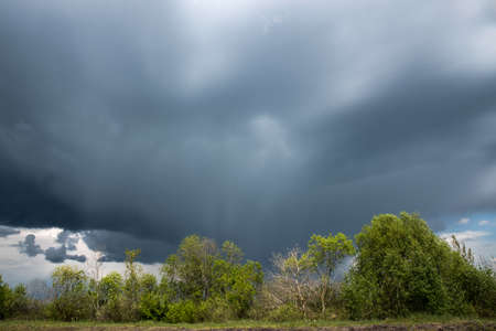 Thunderclouds over meadows and fields. The sun and jets of rain in the sky.の写真素材