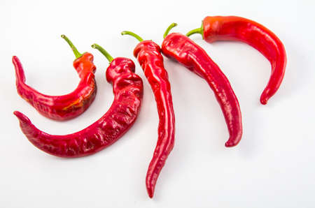 Red hot chili peppers on a white background.の写真素材