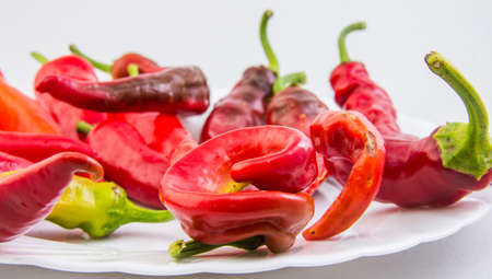 Pods of fresh hot red pepper on a white plate on a white background.の写真素材