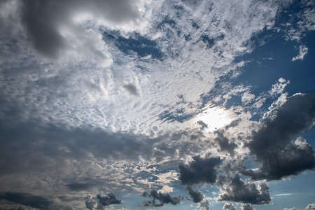 Blue sky with clouds and sun.