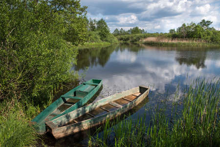 A fishing wooden boat by the river among green trees and bushes.の写真素材