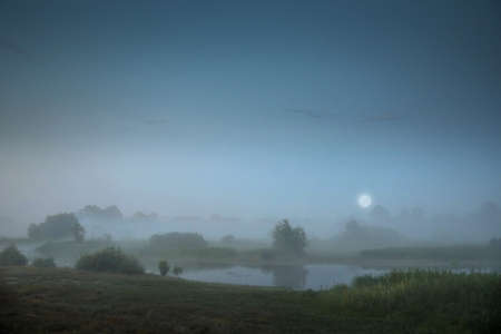 Pre-dawn fog with a low moon over the river floodplain.の写真素材