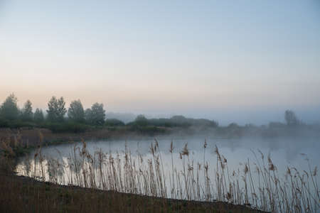 Mornings fog over the lakeの写真素材