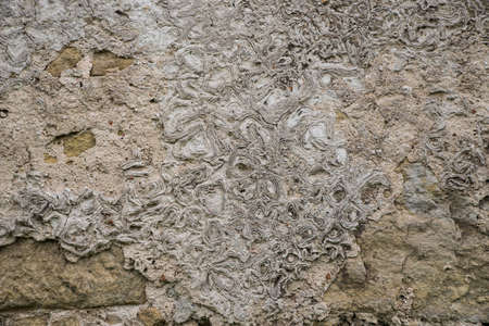 The texture of the old stucco on a brick wall.