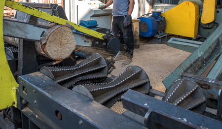 Lutsk. Ukraine. September 14, 2020; Wood processing at a sawmill. Preparation of logs for veneer production.のeditorial素材