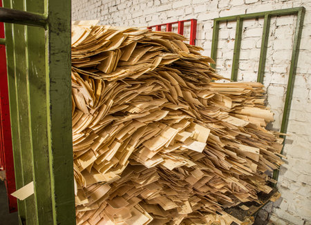 Woodworking industry. Natural veneer in bundles for further use in furniture manufacturing.の写真素材