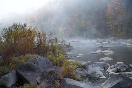 Autumn trees with yellow and red leaves in the morning fog over the water. Selective focus. Blurred background.の写真素材