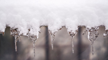Icicles hang from the snow-covered slate.の写真素材