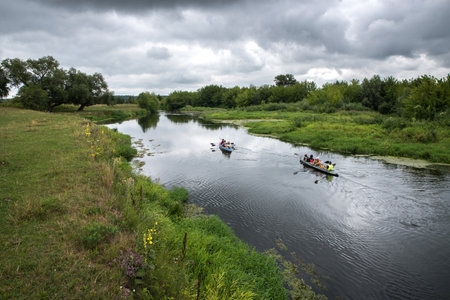 Kayaks with tourists on a clean, untouched by civilization river of Volyn Polissya.の写真素材